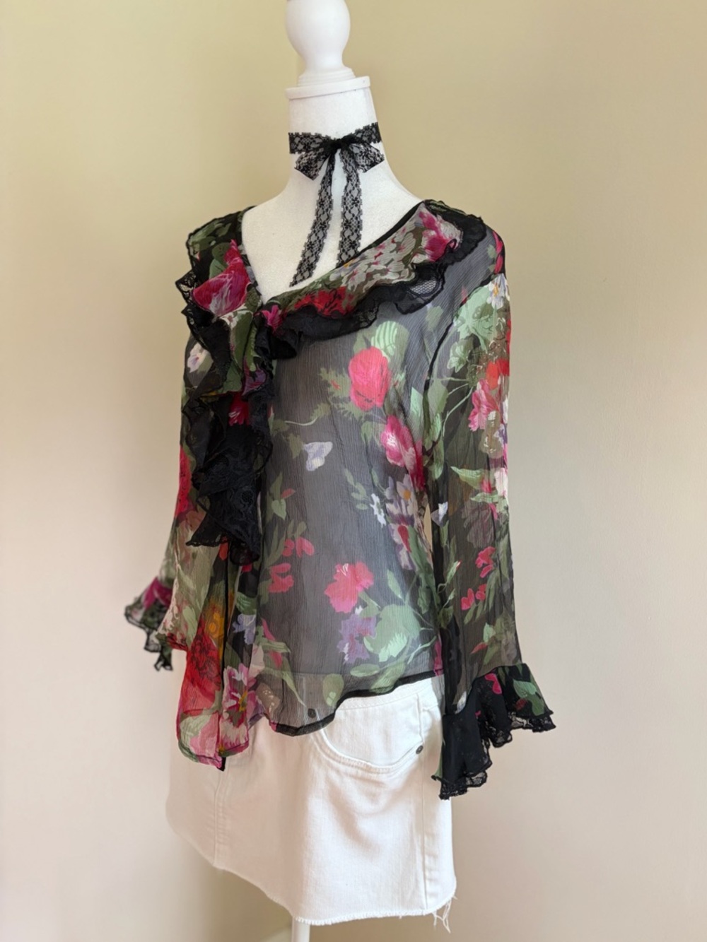 Vintage Y2K silk floral ruffle sheer black lace blouse fairy coquette whimsy M-L - Picture 8 of 12